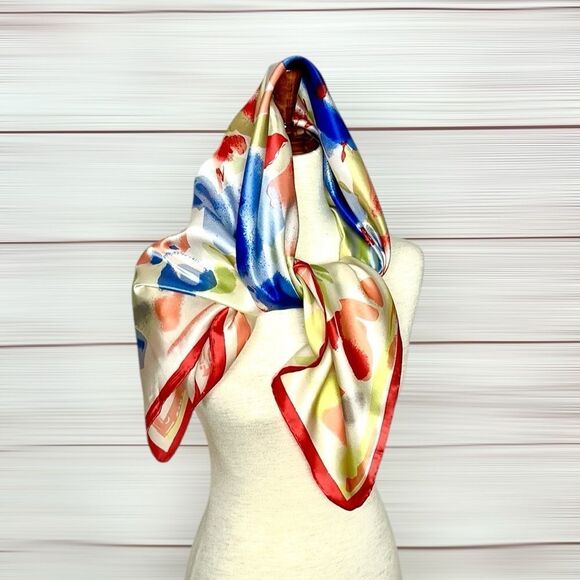Silk Satin Square Scarf Floral Watercolor Print Hand Rolled Hand Printed 34x34” - Picture 7 of 12